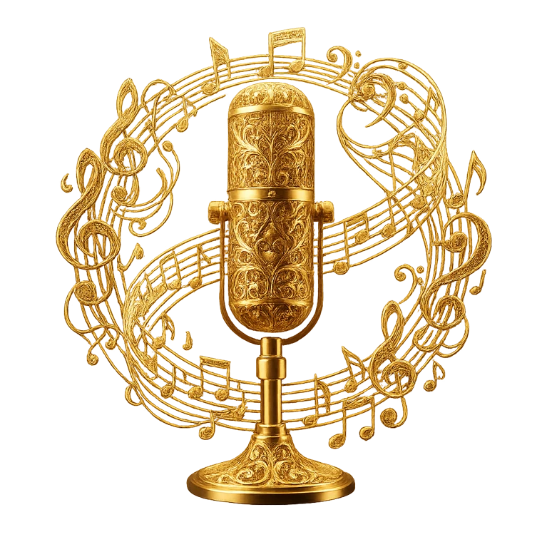 Studio microphone suspended in warm light